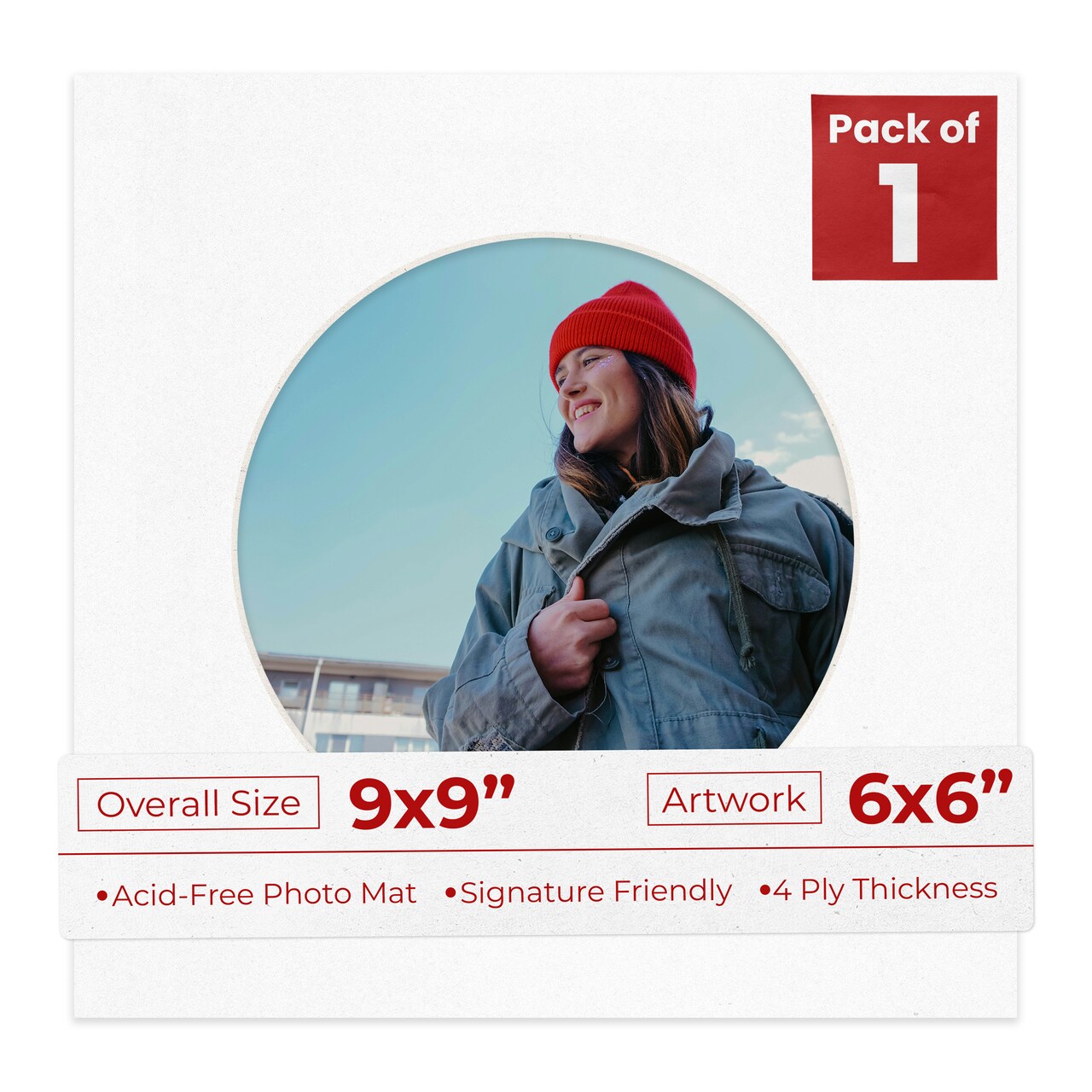 White with Black Core Mat Board for 9x9 Frames - Circle Opening for 6x6 Photos